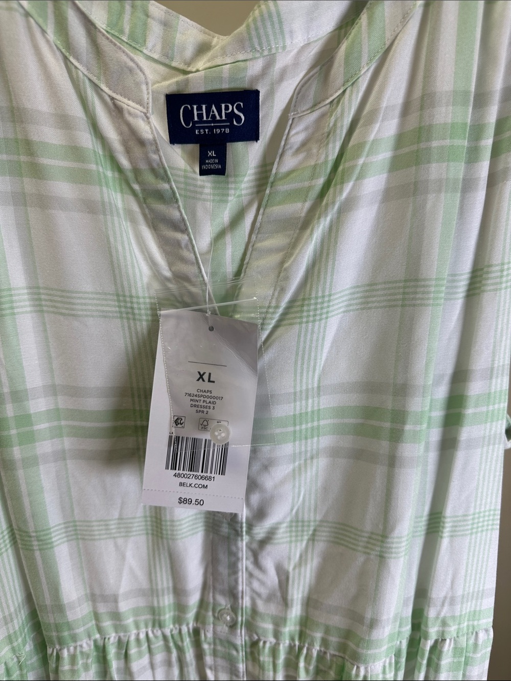 Chaps White and Light Green Plaid Sleeveless Maxi Dress with Button Front - Picture 2 of 3